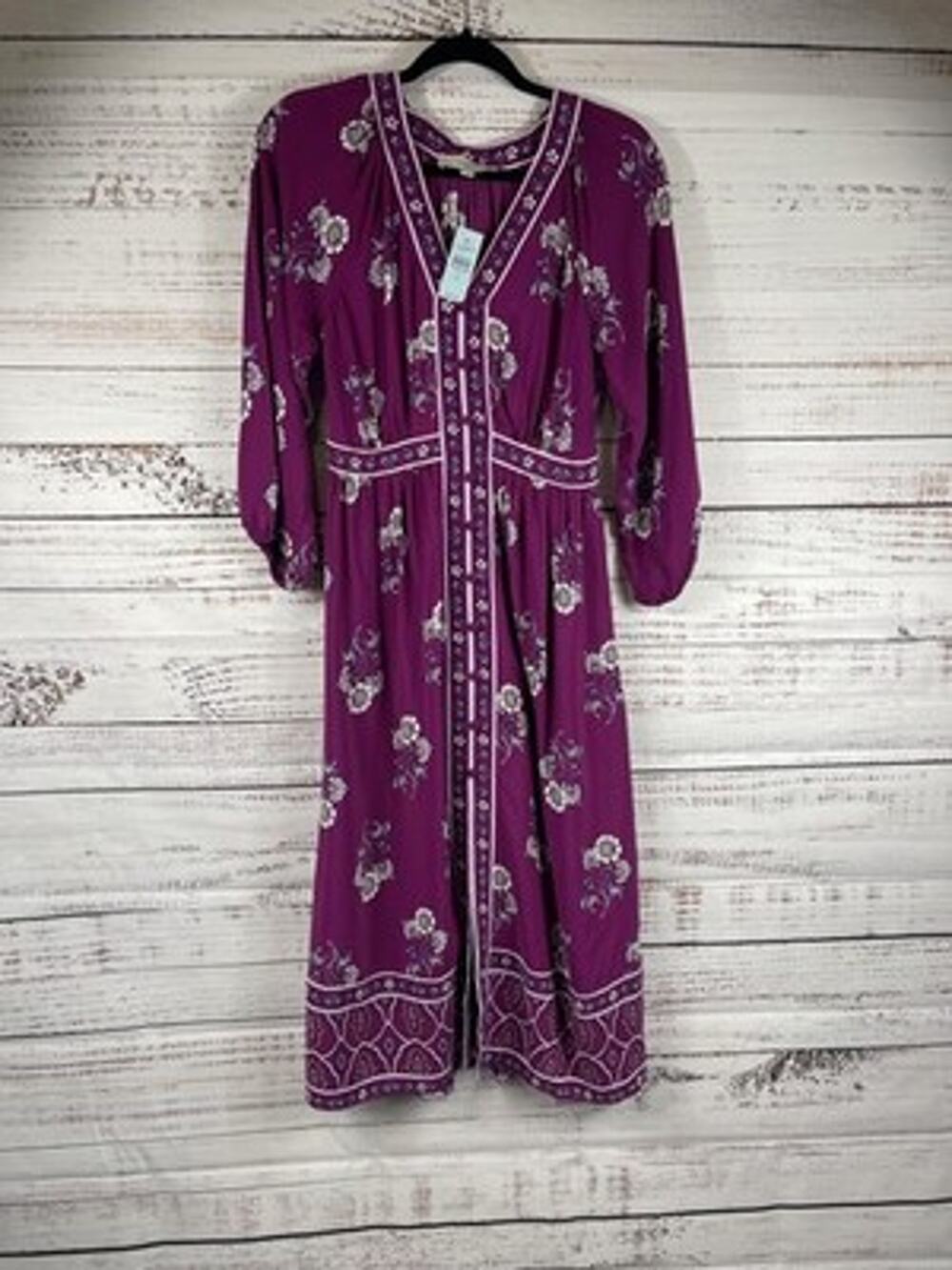 LOFT Dress Women's 2P Purple Floral Boho Fit Flare Maxi V Neck Long Sleeve